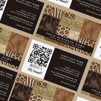QR Code | Luxe Afrikaanse Patchwork Bruin + Goud | Visitekaartje
