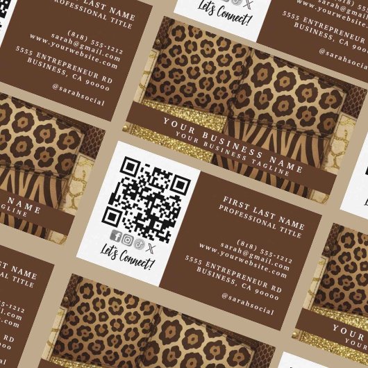 QR Code | Luxe Afrikaanse Patchwork Bruin + Goud | Visitekaartje