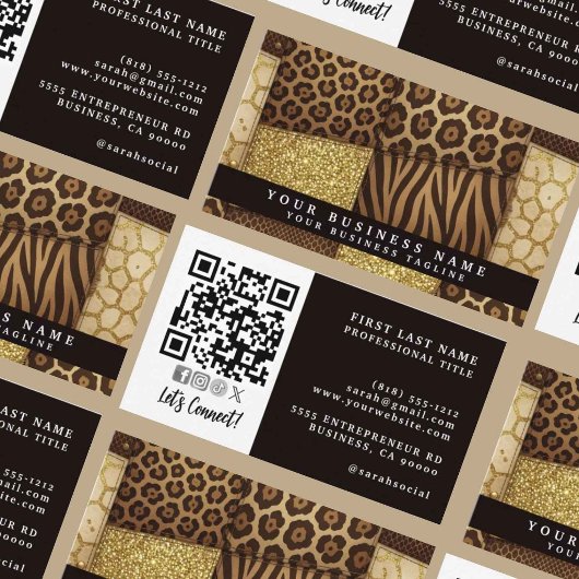 QR Code | Luxe Afrikaanse Patchwork Bruin + Goud | Visitekaartje