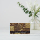 QR Code | Luxe Afrikaanse Patchwork Bruin + Goud | Visitekaartje (Staand voorkant)