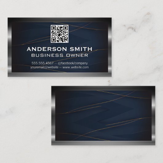 QR-code | Luxe Blue Gold Lines | Metaalgrens Visitekaartje (Voorkant / Achterkant)