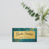QR Code Luxe Haarstylist Goud Teal Glitters Visitekaartje (Staand voorkant)