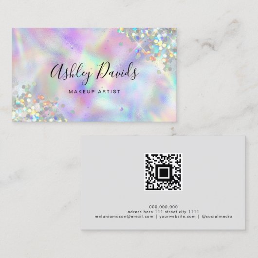 QR Code Luxe Holografische Glitter Make-up Artiest Visitekaartje (Voorkant / Achterkant)