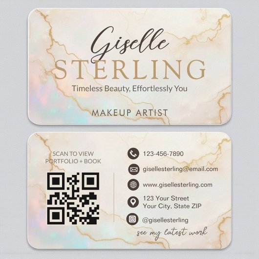 QR Code Luxe Opal Stone Elegant Script Visitekaartje