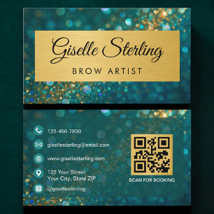 QR Code Luxe Wenkbrauw Artiest Goud Teal Glitters  Visitekaartje