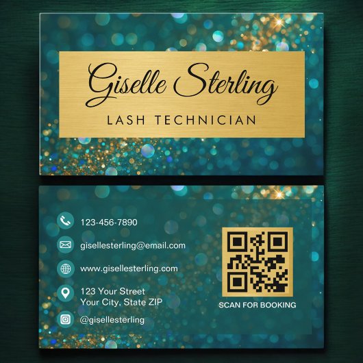 QR Code Luxe Wimpertechnicus Goud Teal Glitter Visitekaartje