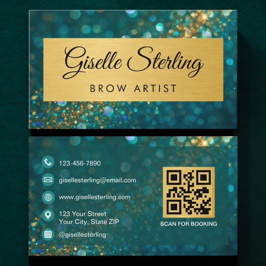 QR Code Luxury Brow Artist Gold Teal Glitter  Visitekaartje