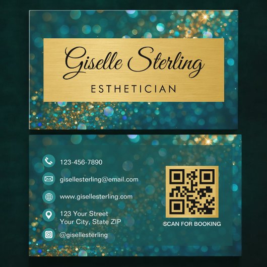 QR Code Luxury Esthetician Gold Teal Glitter  Visitekaartje