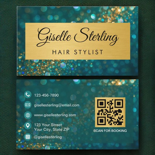 QR Code Luxury Hair Stylist Gold Teal Glitter  Visitekaartje