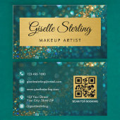 QR Code Luxury Makeup Artist Gold Teal Glitter Visitekaartje
