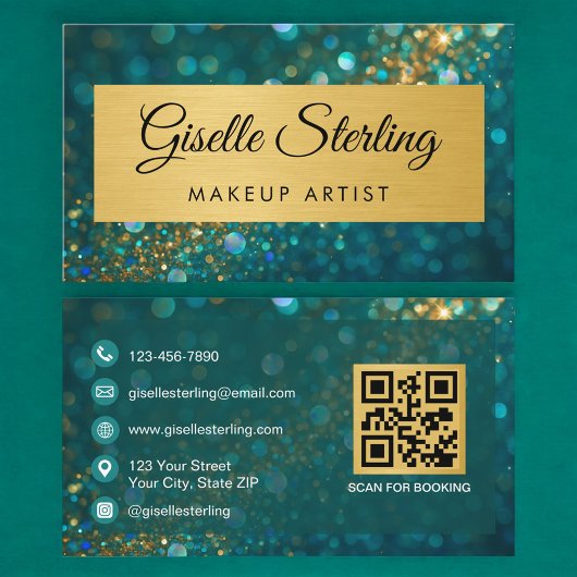 QR Code Luxury Makeup Artist Gold Teal Glitter  Visitekaartje