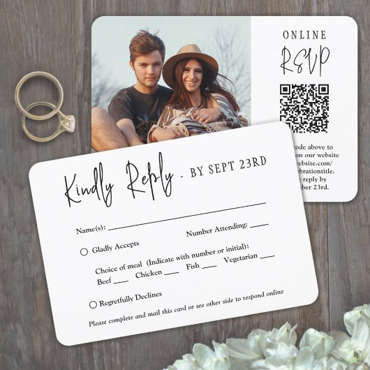 QR-code & maaltijd opties modern script foto bruil RSVP Kaartje