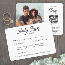 QR-code & maaltijd opties Retro schrift Foto bruil RSVP Kaartje