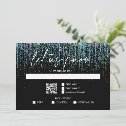 QR Code Maaltijdkeuze Modern RSVP Edgy Teal Glitte Kaart (Staand voorkant)