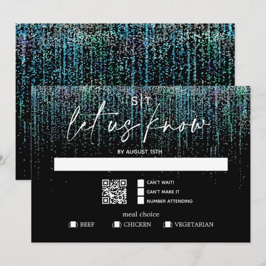 QR Code Maaltijdkeuze Modern RSVP Scherp Teal Glit Kaart (Voorkant / Achterkant)