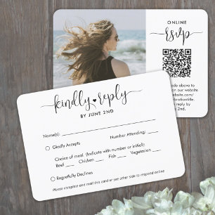 QR Code & Maaltijdopties Trendy Modern Script Foto RSVP Kaartje