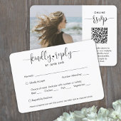 QR Code & Maaltijdopties Trendy Modern Script Foto RSVP Kaartje