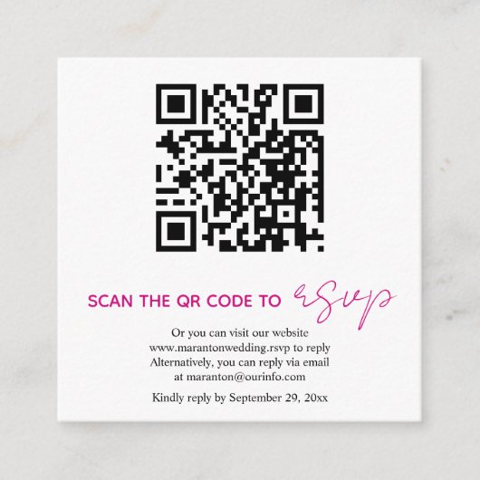 QR-code magenta calligrafie RSVP-fotobruiloft Informatiekaartje (Voorkant)