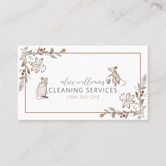 QR Code Maid Housekeeping Professional Mice Floral Visitekaartje (Voorkant)