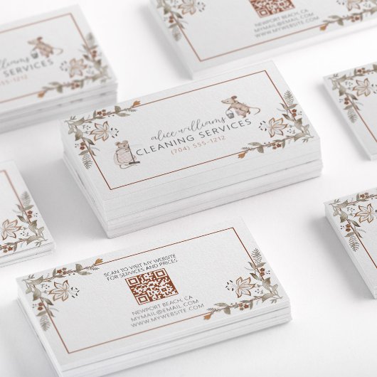 QR Code Maid Housekeeping Professional Mice Floral Visitekaartje