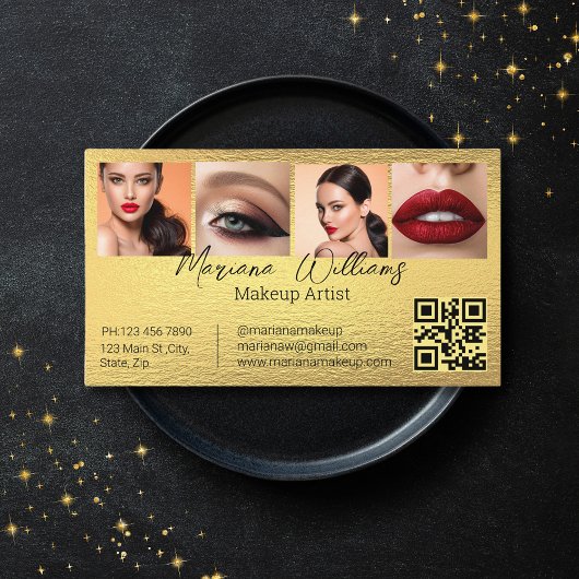 QR Code Make-up Artiest 4 Foto's Collage Gold foli Visitekaartje