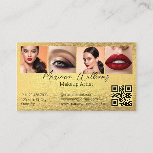 QR Code Make-up Artiest 4 Foto's Collage Gold foli Visitekaartje (Voorkant)