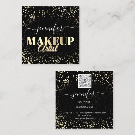 QR-code Makeup Artiest Gold Confetti Black Vierkante Visitekaartje (Voorkant / Achterkant)