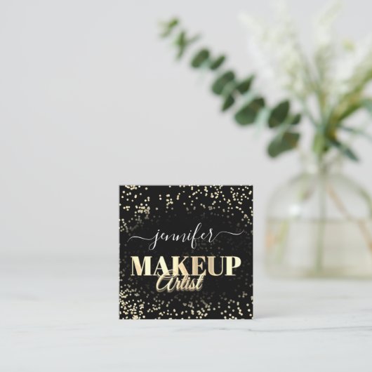 QR-code Makeup Artiest Gold Confetti Black Vierkante Visitekaartje (Staand voorkant)