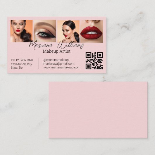 qr code makeup artist 4 photos pink business contactkaartje (Voorkant / Achterkant)