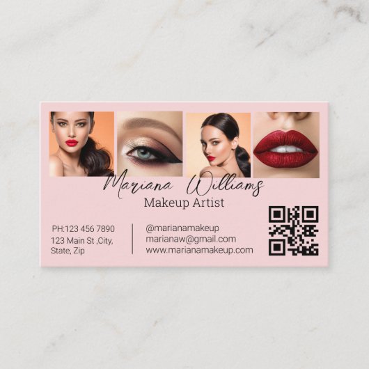 qr code makeup artist 4 photos pink business contactkaartje (Voorkant)