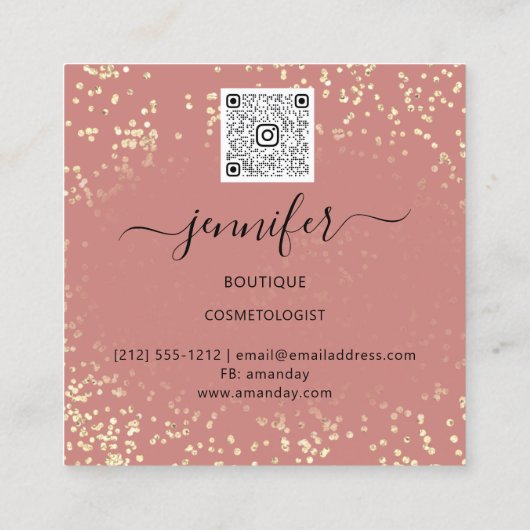 QR Code Makeup Artist Gold Confetti Roos Blush Vierkante Visitekaartje (Achterkant)