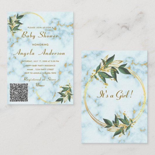 QR-code Marble Gold Baby Girl Shower Notitiekaartje (Voorkant / Achterkant)