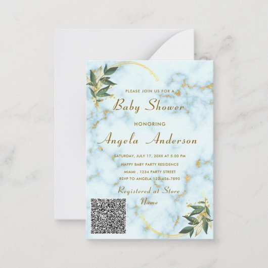 QR-code Marble Gold Baby Girl Shower Notitiekaartje (Voorkant)