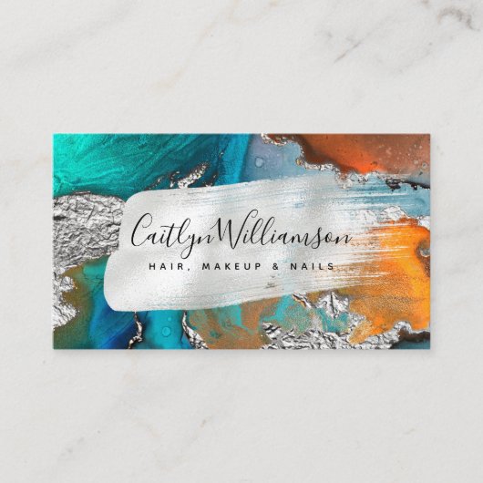 QR Code marble waterverf Silver Turquoise script Visitekaartje (Voorkant)