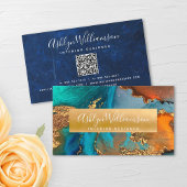 QR Code Marble Waterverf Turquoise Gold Sinaasappe Visitekaartje