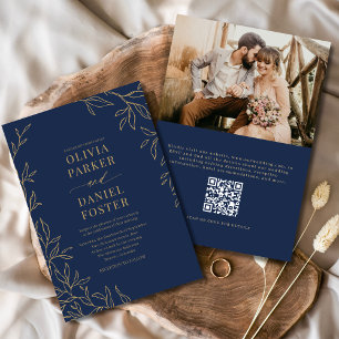 QR Code Marine Blauw Goud Foto Elegant Huwelijk Kaart