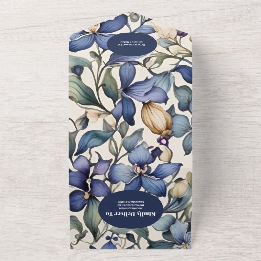 QR Code Marine lichtblauw waterverf bloemenbruilof All In One Uitnodiging (Buitenkant)