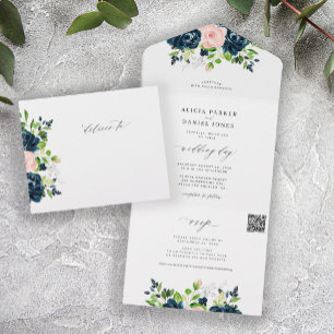 QR CODE marineroze blush elegante bloembruiloft All In One Uitnodiging