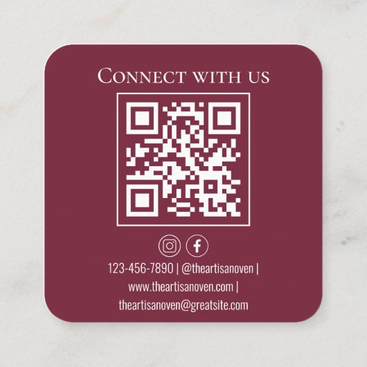 QR Code Maroon White Cupcake Bakery Square Vierkante Visitekaartje (Achterkant)