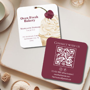 QR Code Maroon White Cupcake Bakery Square Vierkante Visitekaartje