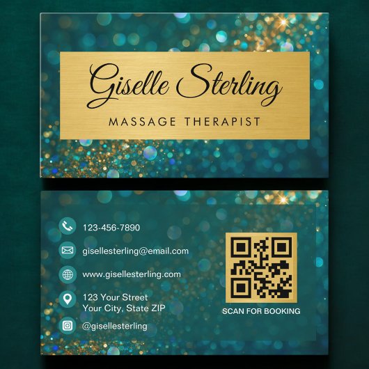 QR Code Massage Therapist Gold Teal Glitter  Visitekaartje