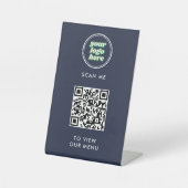 QR Code Menu | Logo  Navy Contactloos Modern Reclamebord Met Voetstuk (Voorkant)