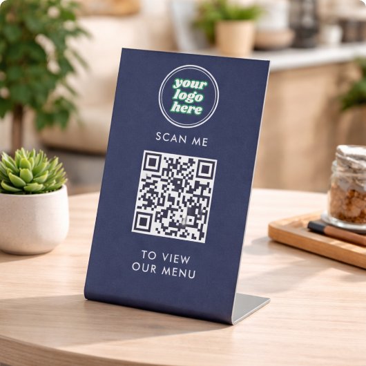 QR Code Menu | Logo  Navy Contactloos Modern Reclamebord Met Voetstuk