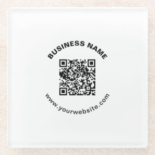 QR-code met bedrijfsnaam vet cirkelvormige tekst Glazen Onderzetter