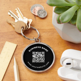 QR-code met bedrijfsnaam vet cirkelvormige tekst Sleutelhanger
