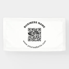 QR-code met bedrijfsnaam vet cirkelvormige tekst Spandoek