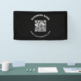 QR-code met bedrijfsnaam vet cirkelvormige tekst Spandoek