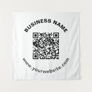 QR-code met bedrijfsnaam vet cirkelvormige tekst Wandkleed