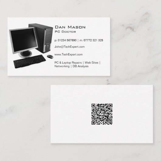 QR Code met Professionele Elegante Computerreparat Visitekaartje (Voorkant / Achterkant)