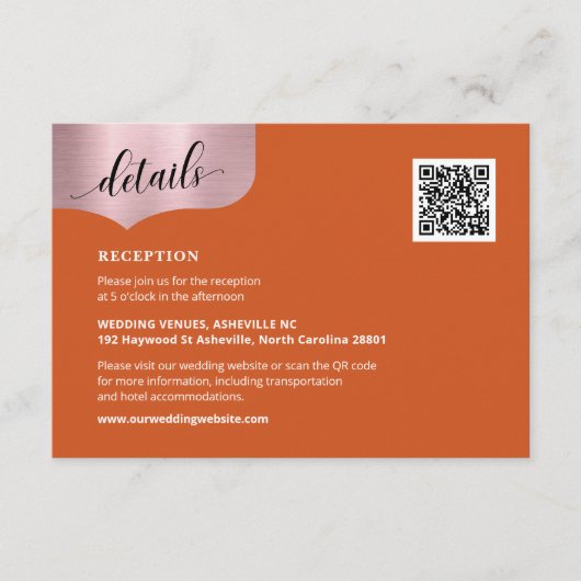 QR Code Metallic Roos Goud Sinaasappel Details Huw Informatiekaartje (Voorkant)